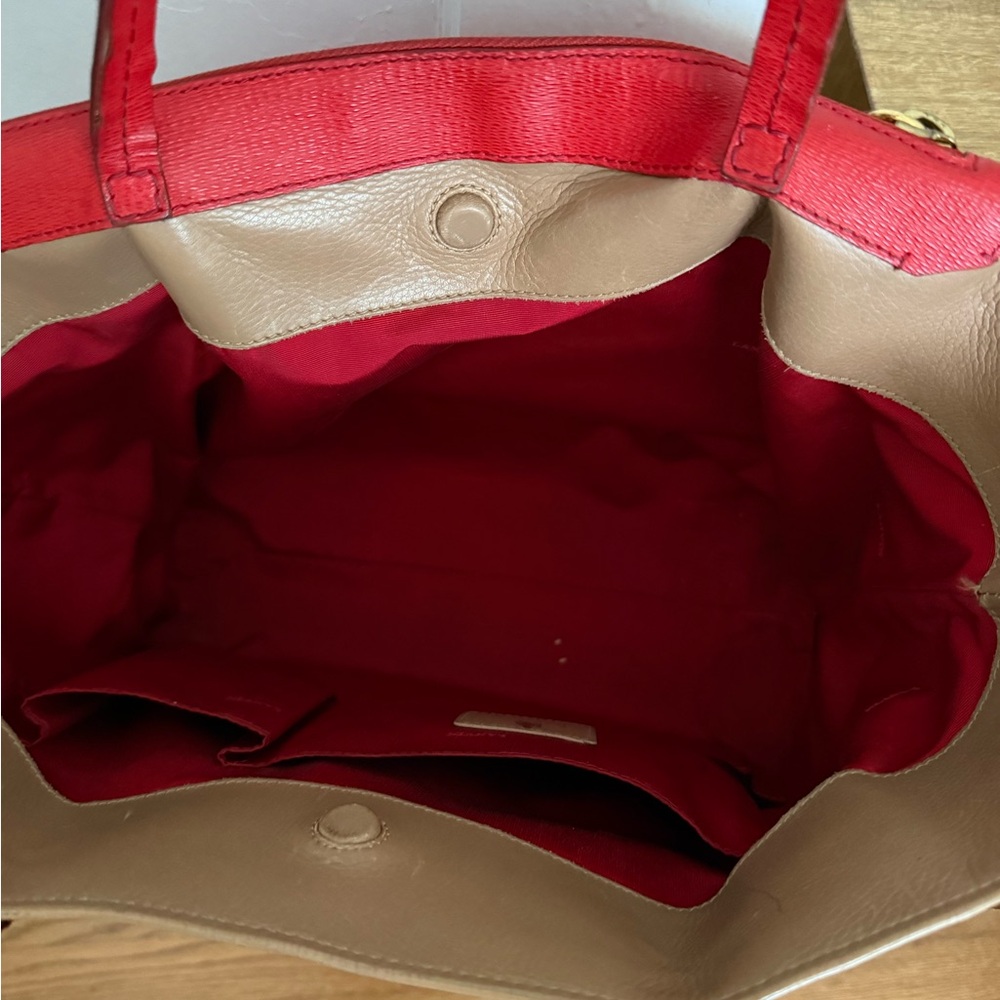 Lanvin Red and Tan Leather Shoulder Tote with Front Pocket - Picture 5 of 8